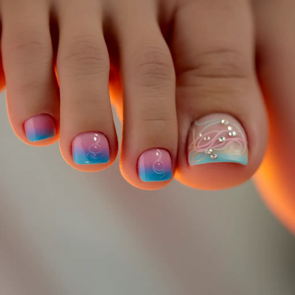 cute july toe nails Cotton Candy Sunset with Crystal Swirls