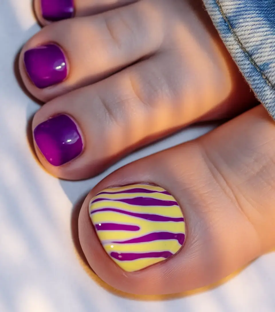 cute july toe nails Lemon Zest and Purple Punch