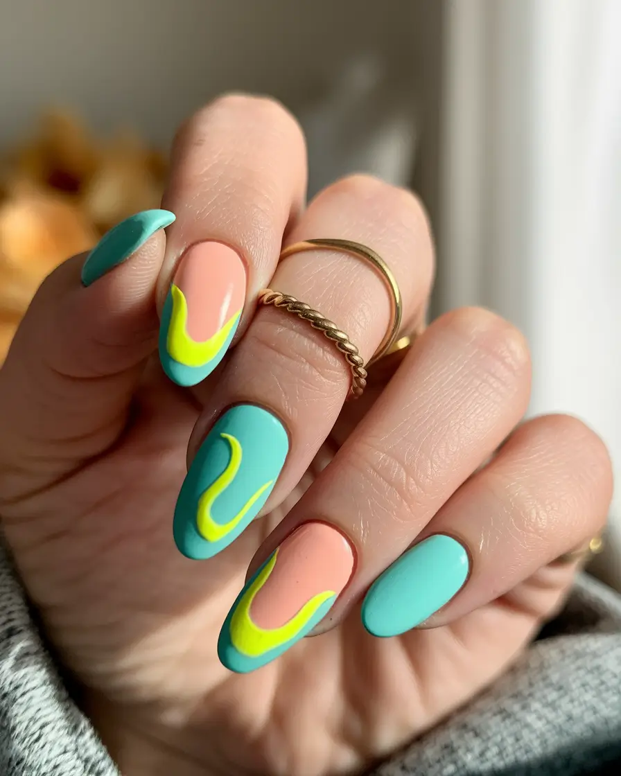 cute summer nails almond Sun-Soaked Swirls with a Retro Twist