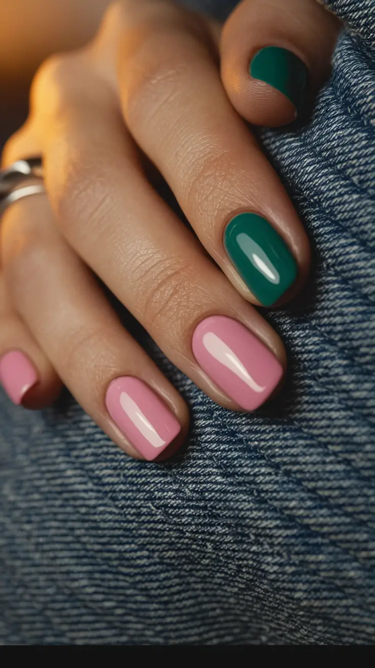 cute summer nails square Mix-and-Match Pink & Green Color Block