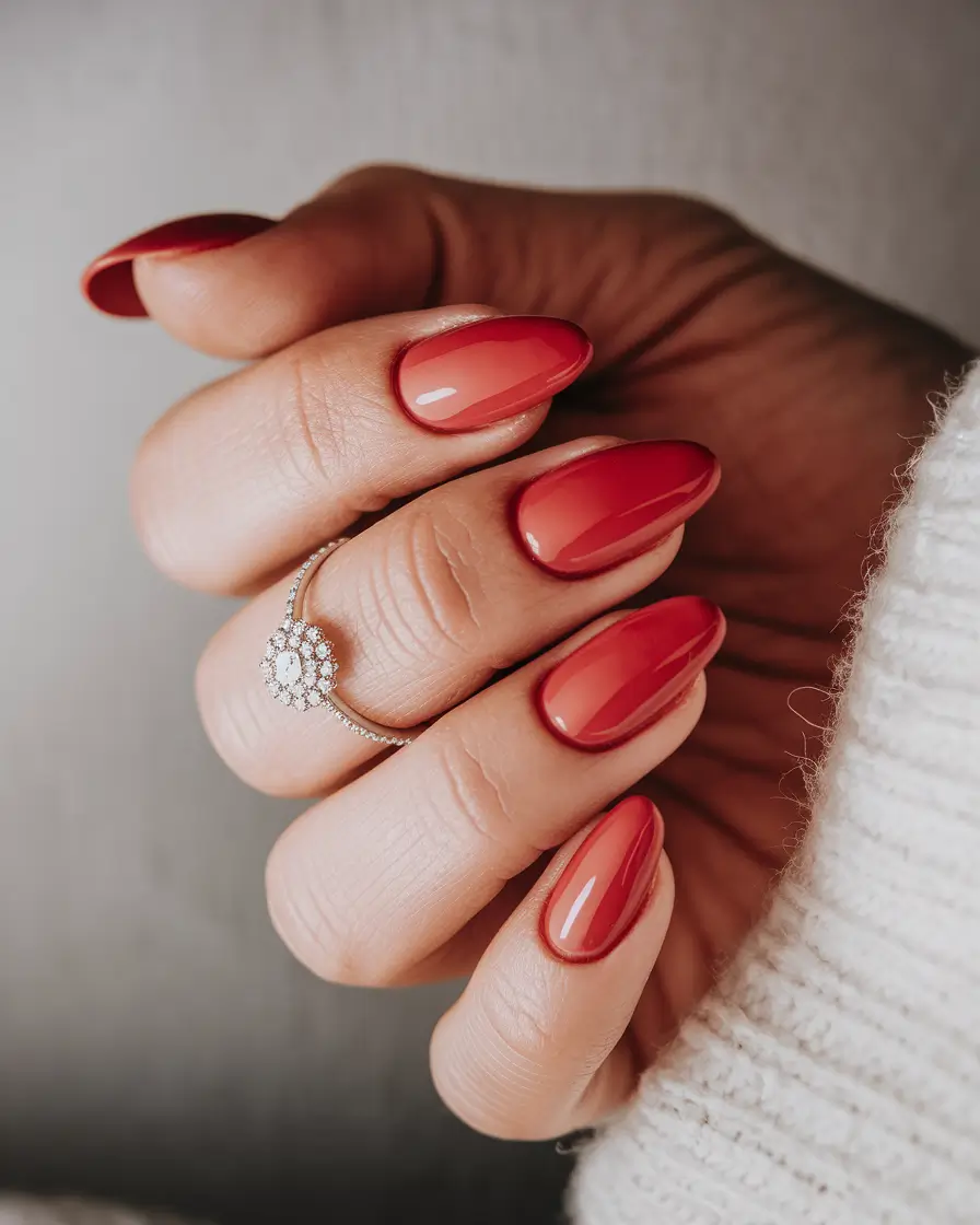 short almond Glossy Cherry Red with Classic Elegance