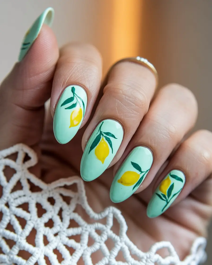 cute summer nail ideas Lemon Zest Hand-Painted Delight