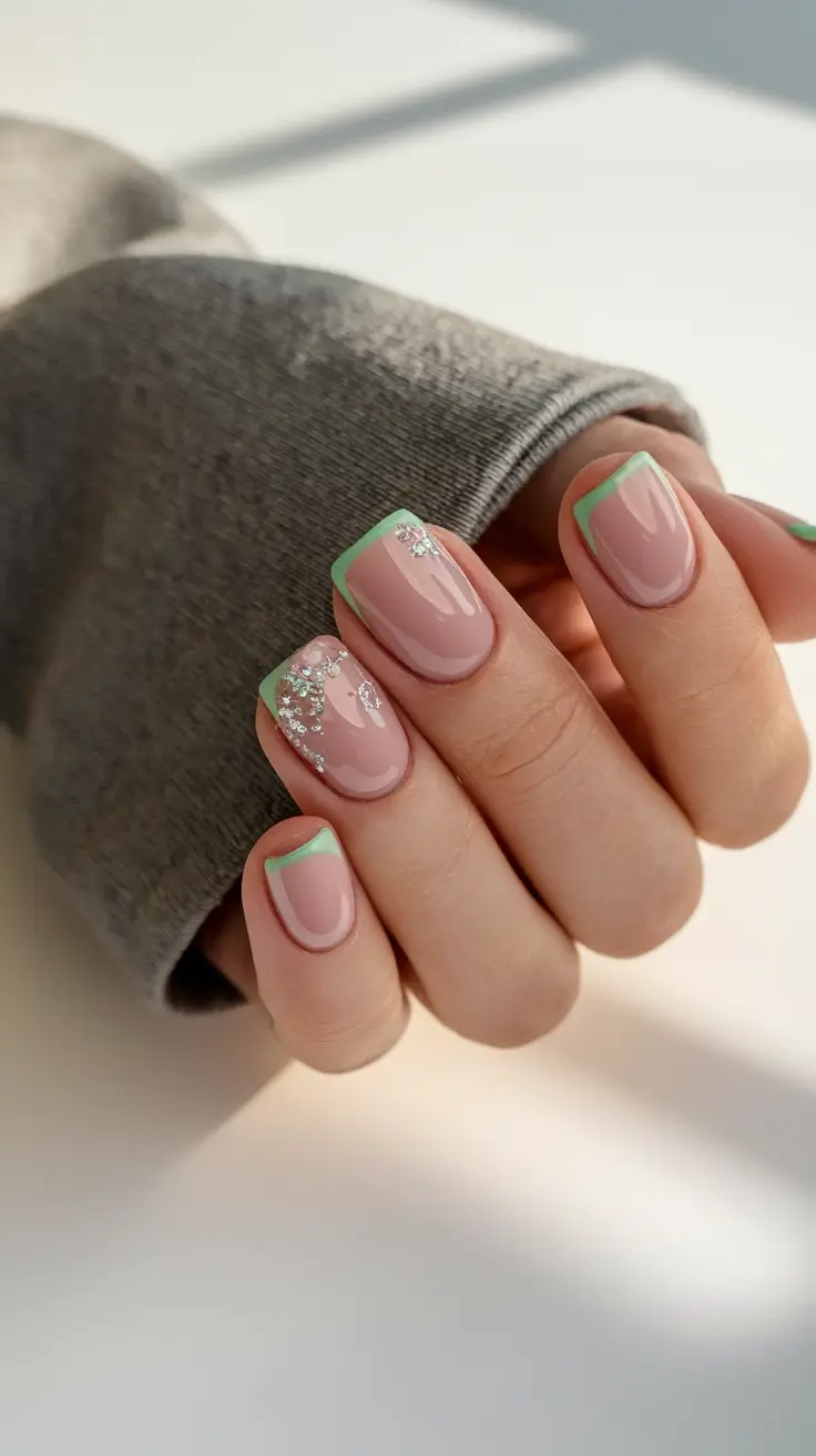 French tips almond Mint Green French with Sparkling Accents