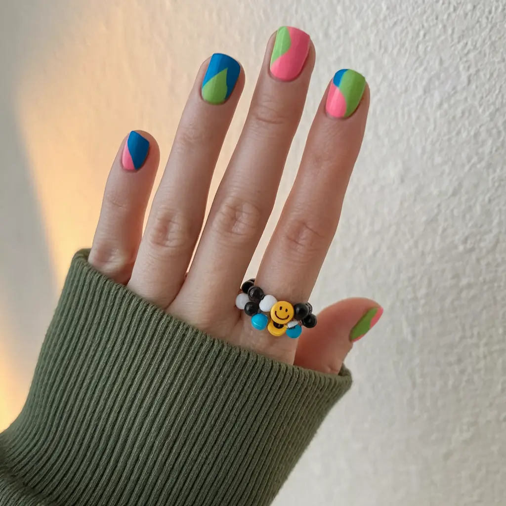 cute summer nails bright Pop Art Patchwork in Pink, Lime & Blue