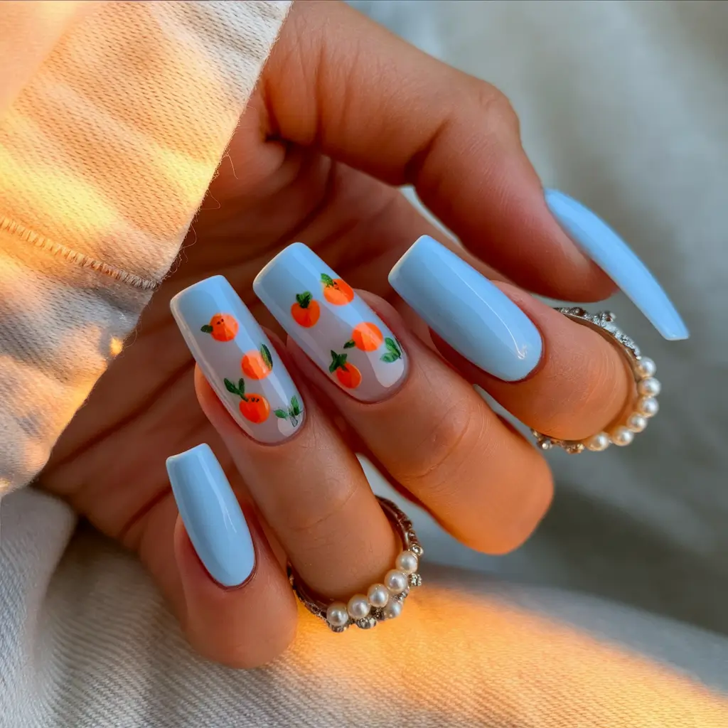 Cutest Summer Nails for 2025 Peachy Blue Summer Fruits