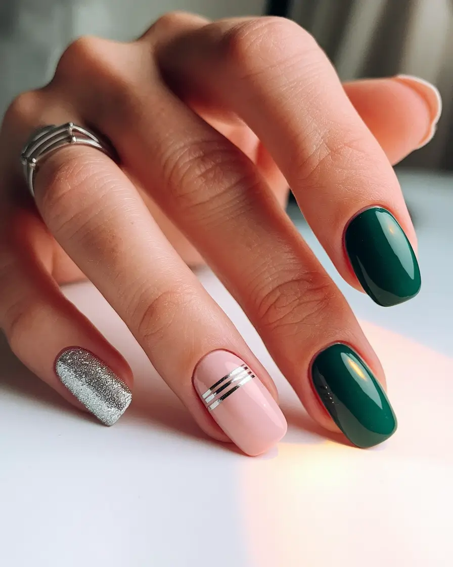 Cutest Summer Nails for 2025 Deep Green & Blush Chrome Chic