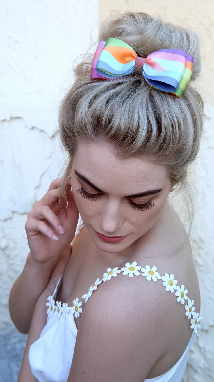 cute and easy 4th of july hairstyles+Playful Bun with a Rainbow Bow