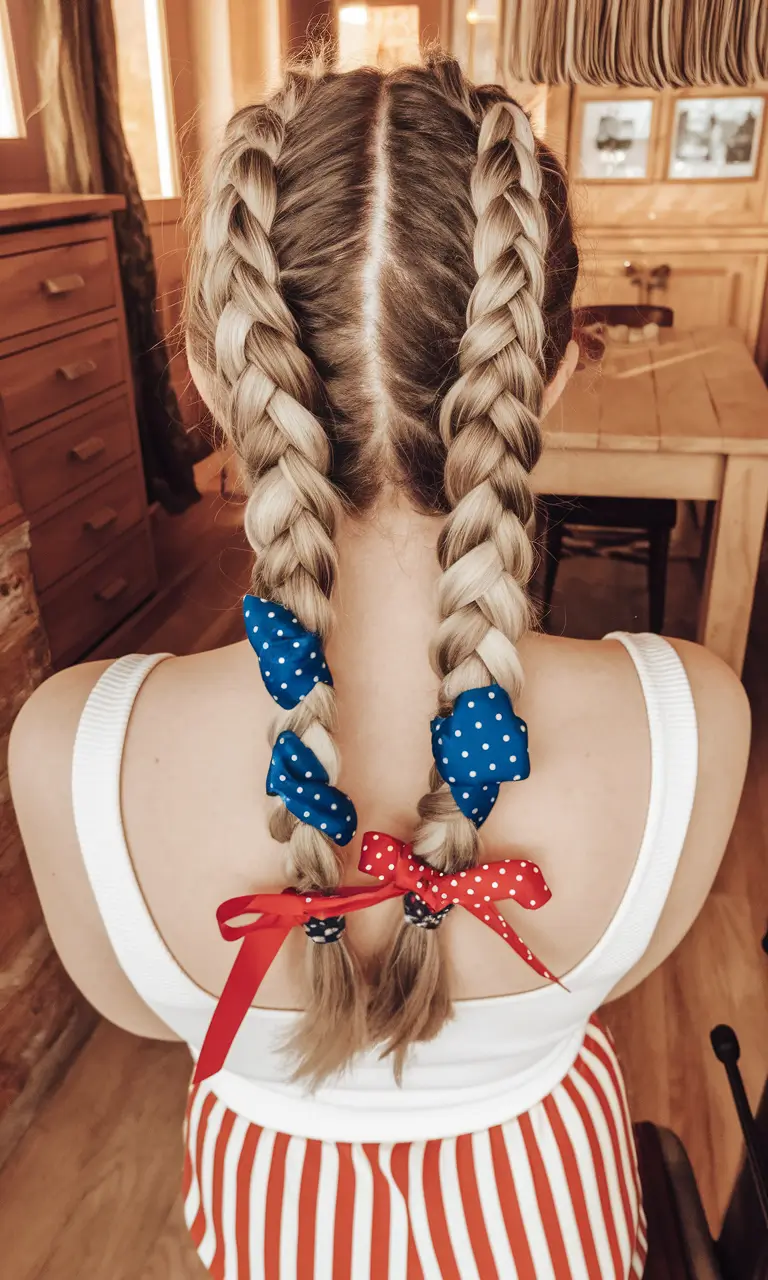 cute easy hairstyles for fourth of july+Double Braids with Patriotic Bows