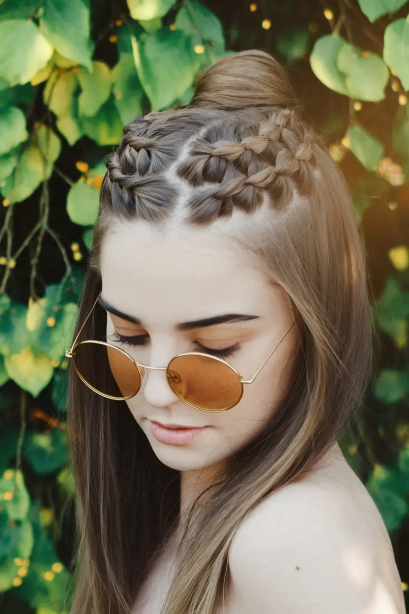end of summer hairstyles Half-Up Braided Crown with a Hidden Bun Twist