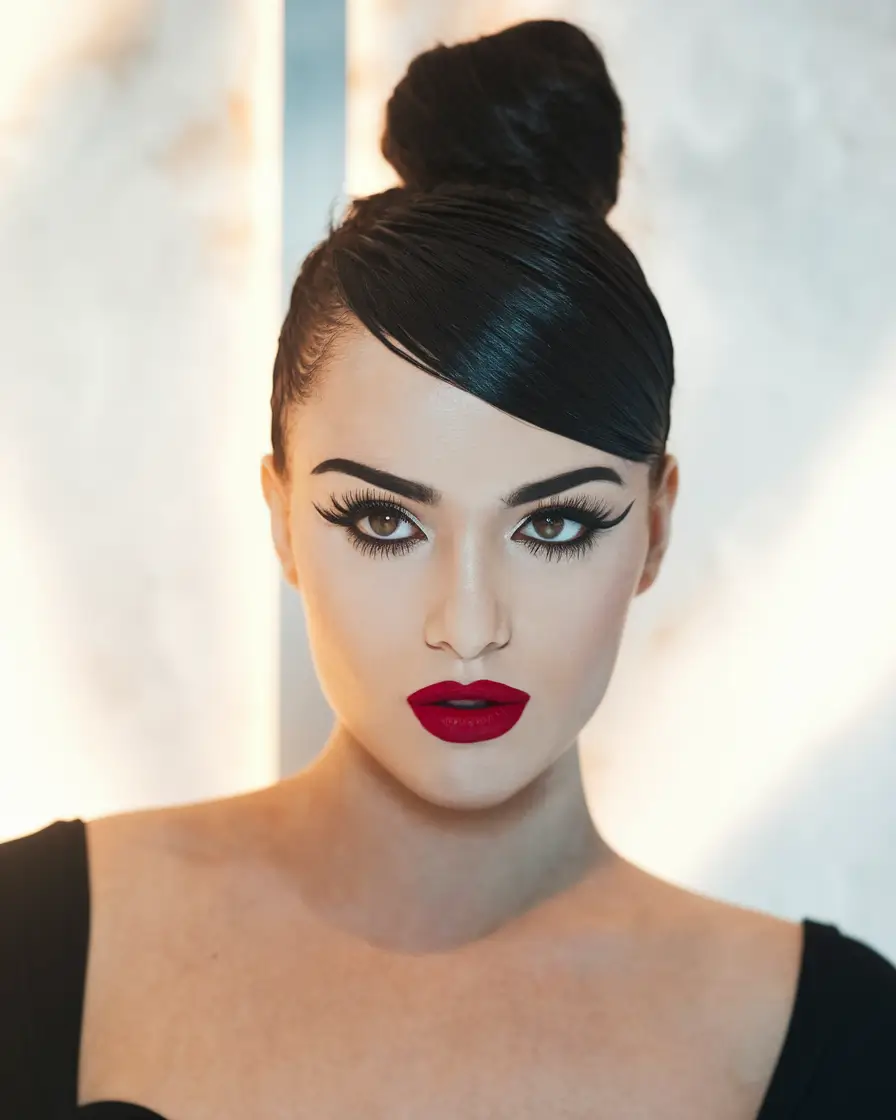 end of summer hairstyles Polished Power Bun with Slick Bang Sweep