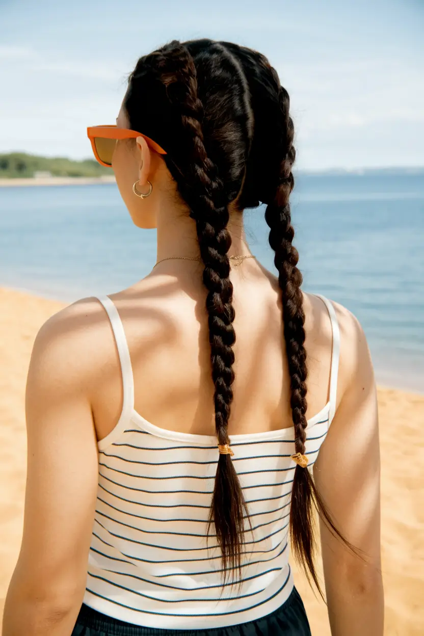 end of summer hairstyles Double Braids for a Cool Coastal Beat