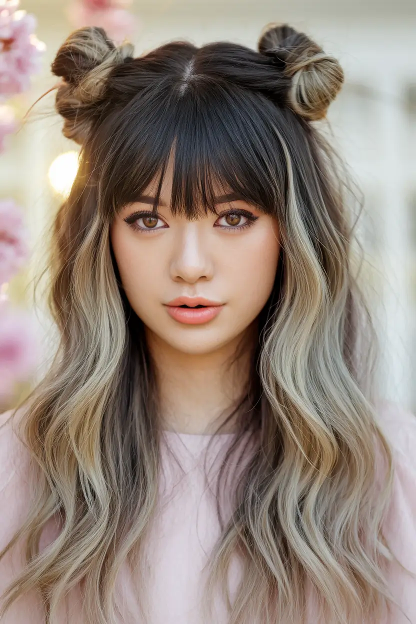 end of summer hairstyles Textured Space Buns with Grown-Out Balayage