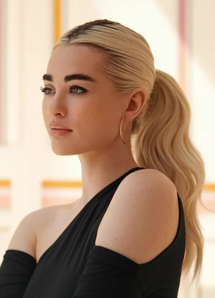 end of summer hairstyles High Gloss Slicked Ponytail with Soft Waves
