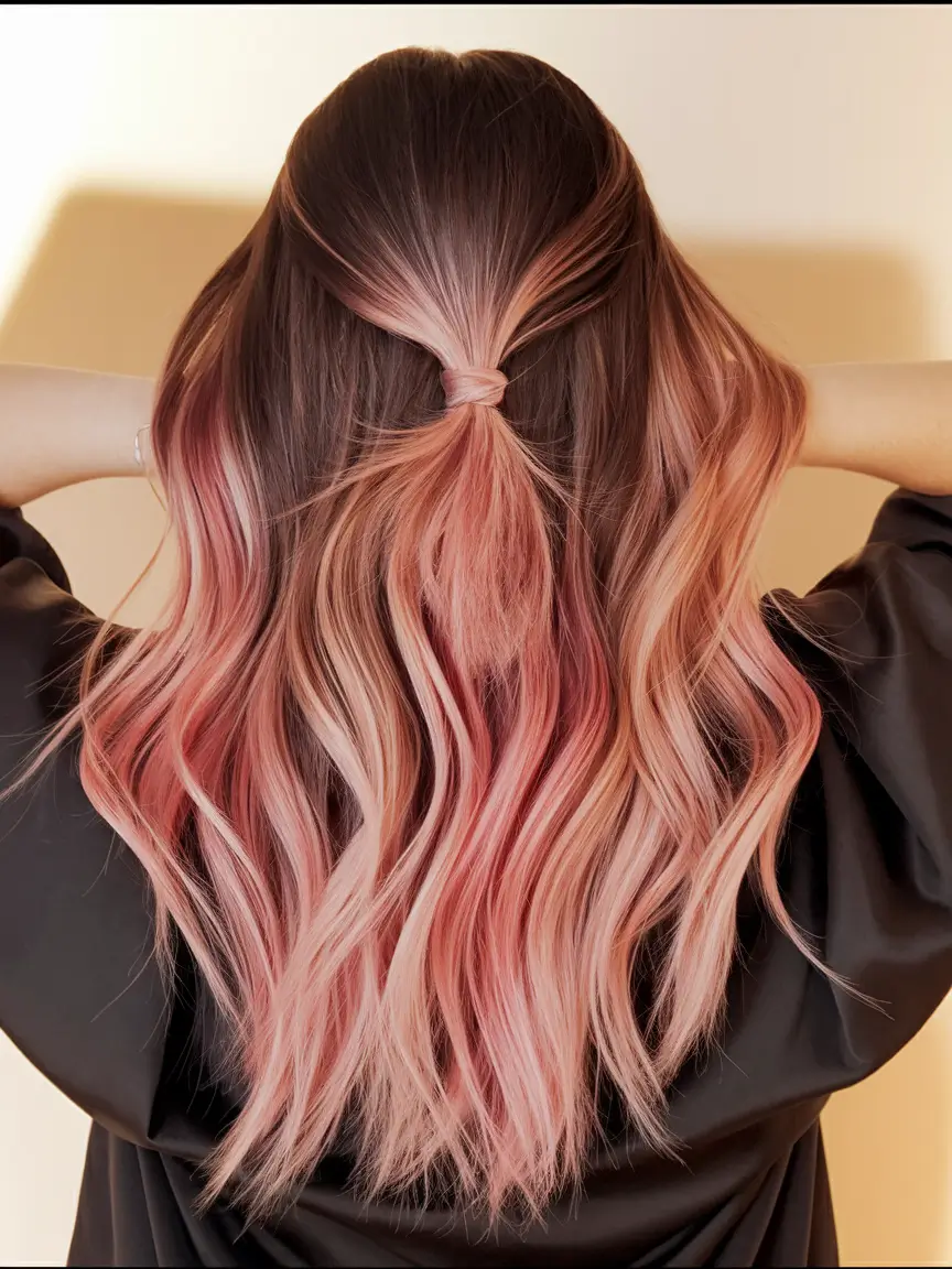 end of summer hairstyles Rosy Glow Half-Knot with Sunset Balayage