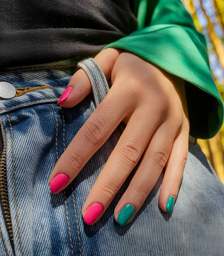 end of summer nails ideas pink Playful Neon Punch for Denim Days