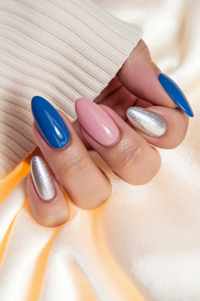 end of summer nails ideas almond Midnight Blue, Petal Pink & Silver Luxe