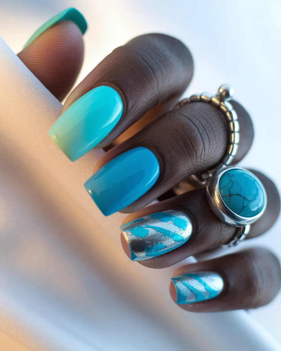 end of summer nails square Aquatic Ombre Meets Metallic Edge