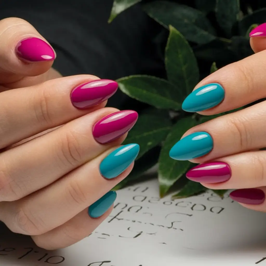 end of summer nails ideas almond Raspberry & Teal Statement Set