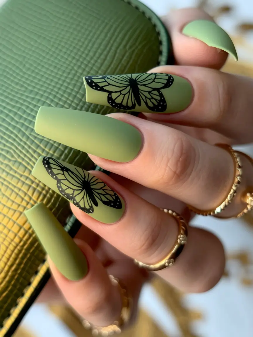 end of summer nails ideas square Matte Green & Butterfly Dream