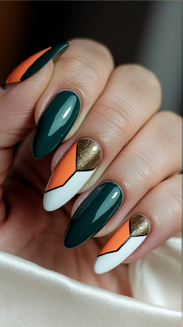 end of summer nails ideas almond Jewel-Tone Geometry Meets Glitter Luxe