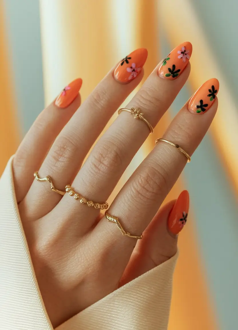 end of summer nails ideas almond Tangerine Blooms in Bloom