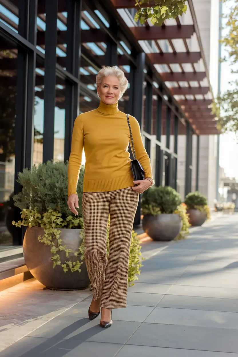 fall outfits women over 50 classy dressy Golden Mustard and Heritage Plaid