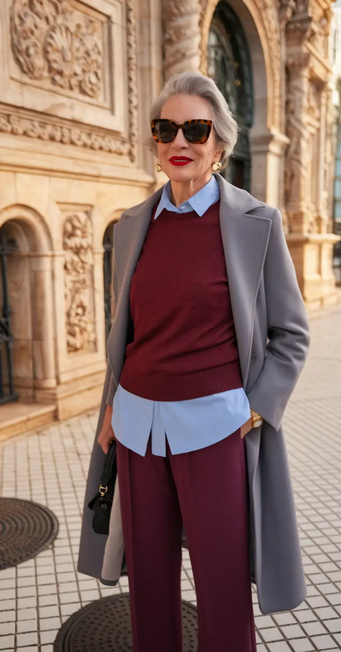 fall outfits women over 50 classy chic Burgundy Layers for a Luxe Street Look