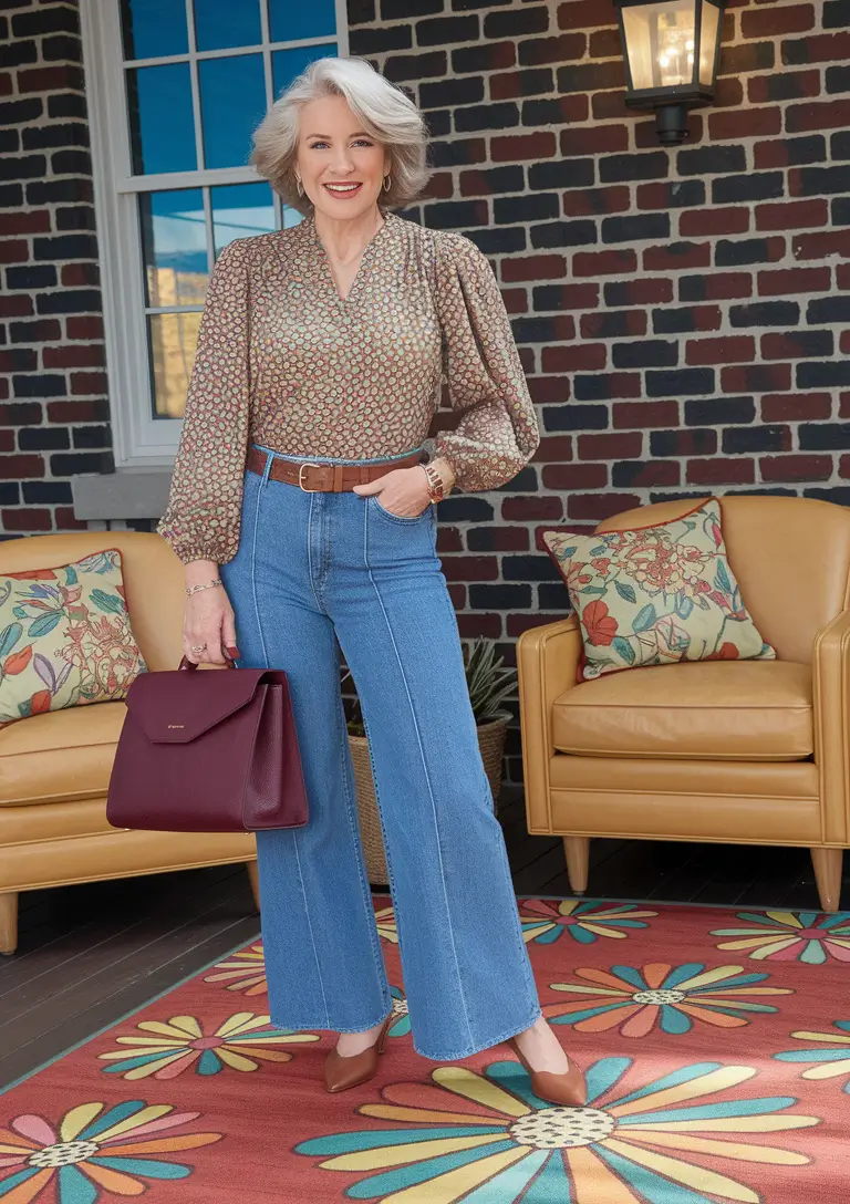 fall outfits women over 50 classy casual Retro Blouse Meets Denim Revival