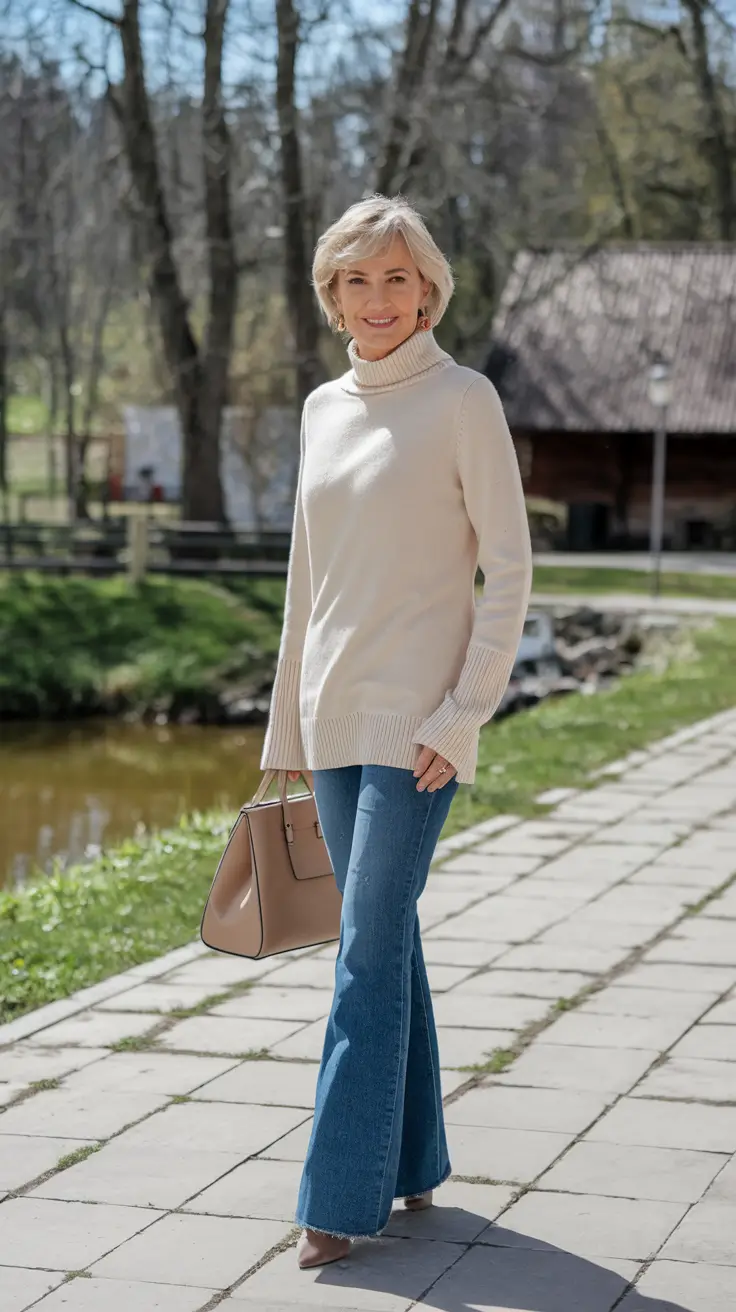fall outfits women over 50 casual Cream Turtleneck Simplicity
