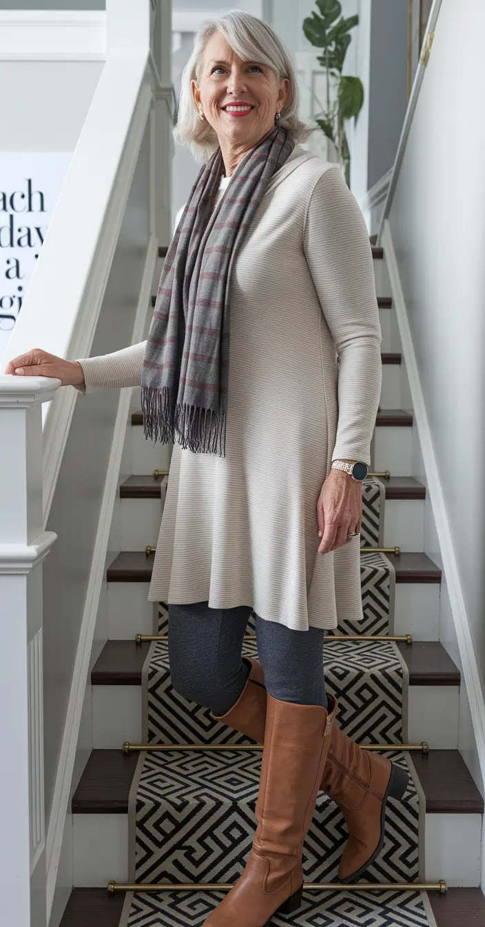 fall outfits for petite women over 50 classy Tunic, Tights, and Tall Boots