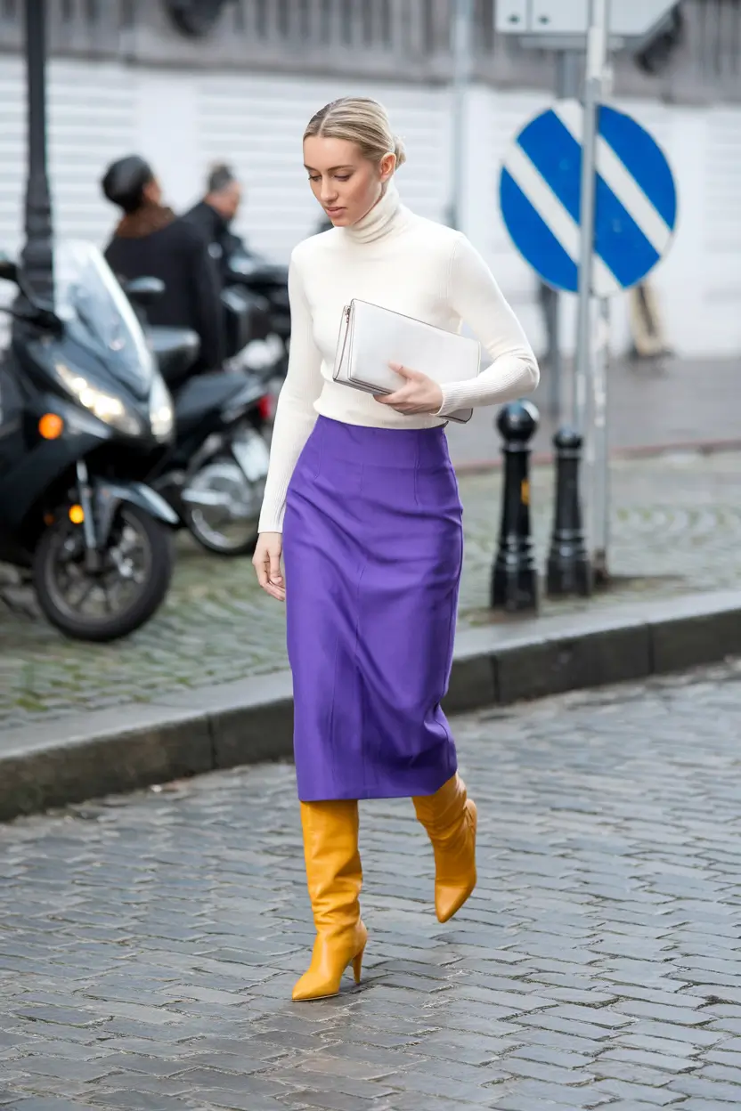 fall skirt outfits with boots long Color-Blocked Elegance with an Edge