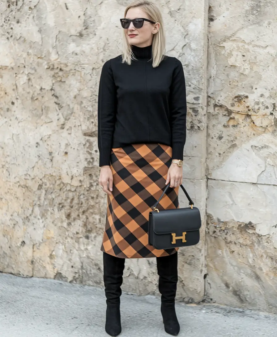 fall skirt outfits plaid Checkmate in Burnt Orange