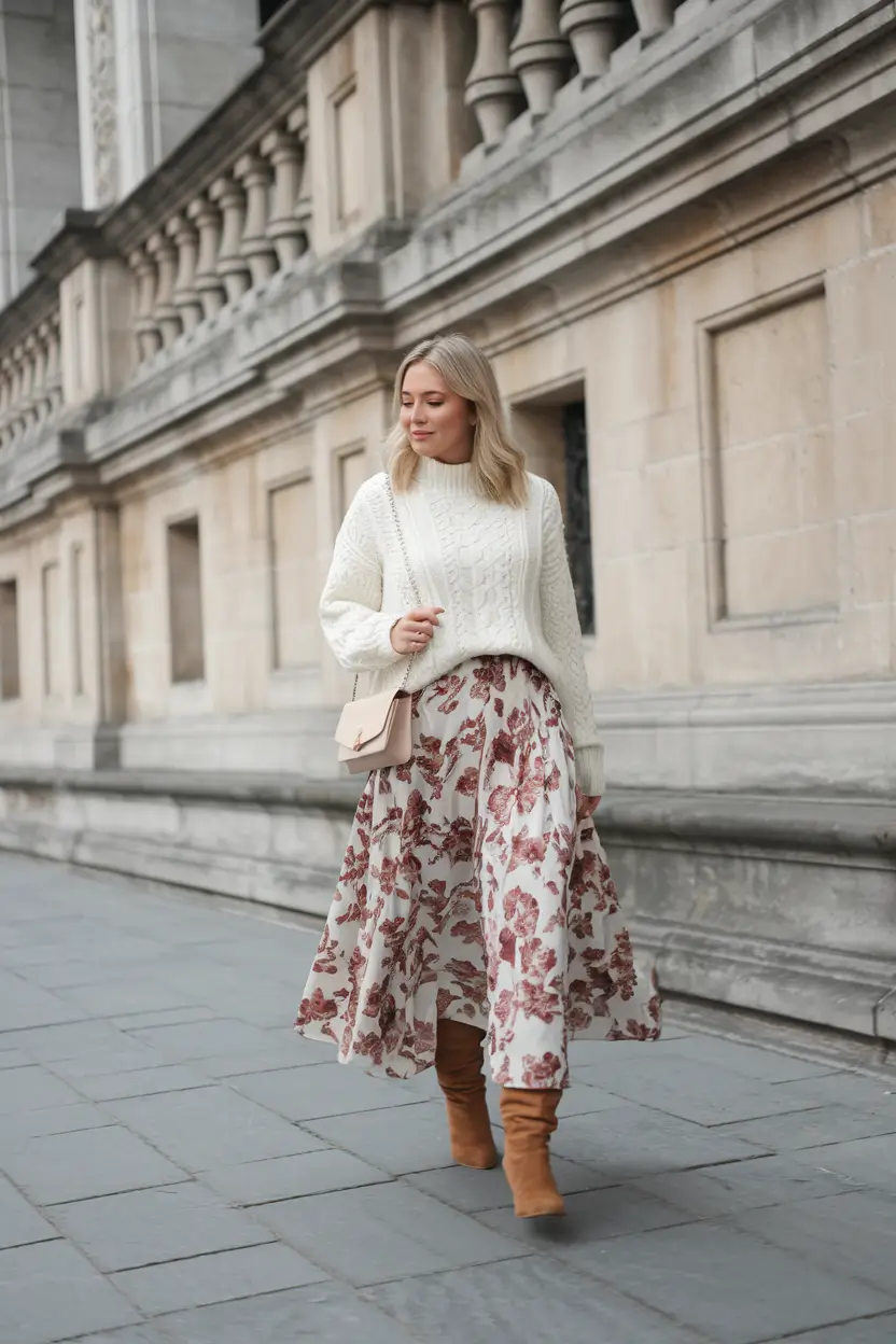 fall skirt outfits with boots+Cozy Layers Meet Romantic Movement