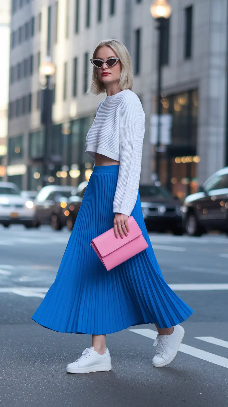 fall skirt outfits with sneakers Street Smart Meets Color Pop