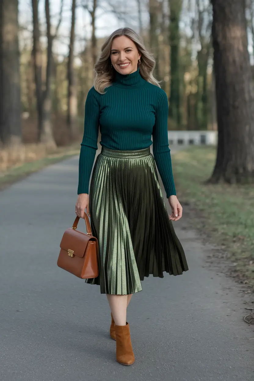 fall skirt outfits classy Rich Greens and Metallic Shine
