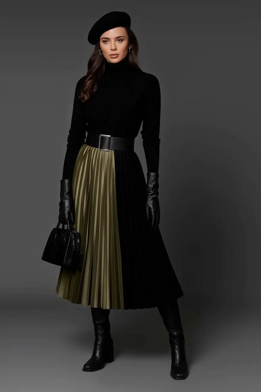 fall skirt outfits with boots aesthetic Parisian Noir with Military Precision