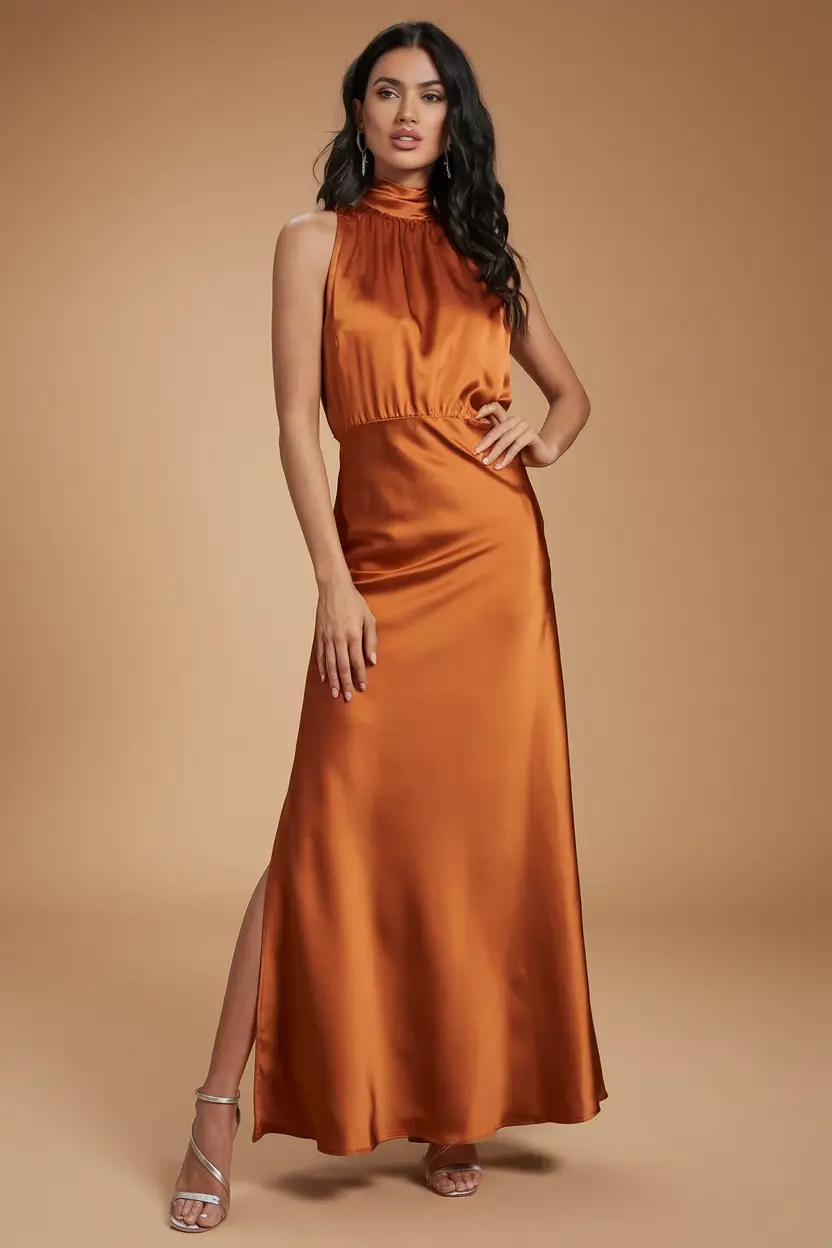 fall wedding guest dress october outdoor Rust Satin for Sunset Ceremonies