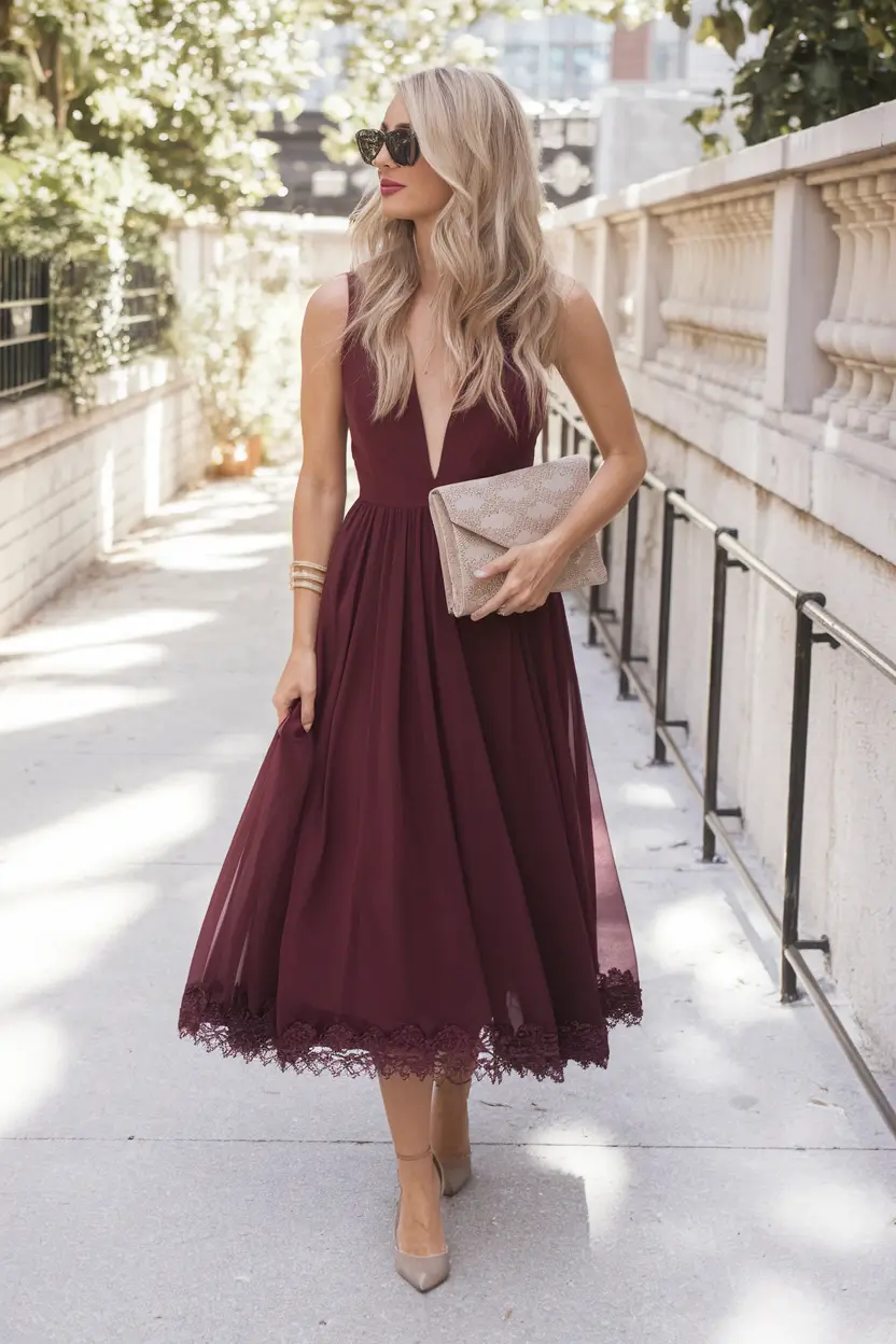 fall wedding guest dress october formal long Chic Burgundy with Lace Hem Elegance