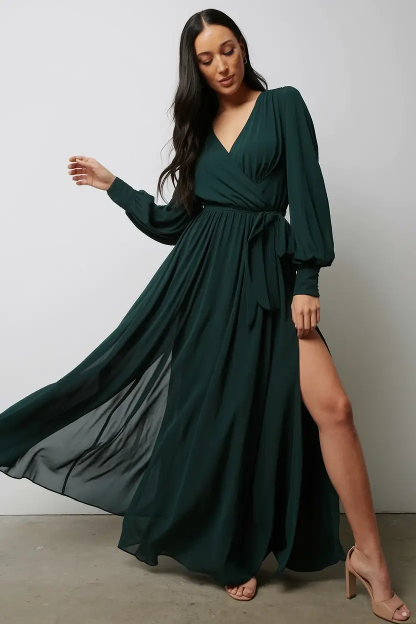 fall wedding guest dress september semi formal Forest Green Chiffon for Autumn Movement