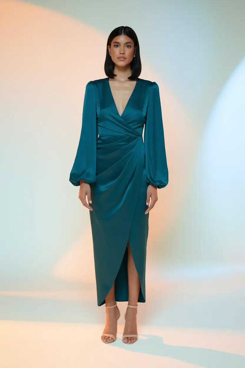 fall wedding guest dress november casual Teal Wrap Drama for Midnight Magic