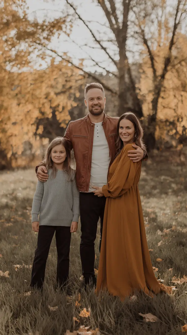 fall family pictures outfits+Muted Amber and Leather Layers for a Cozy Trio