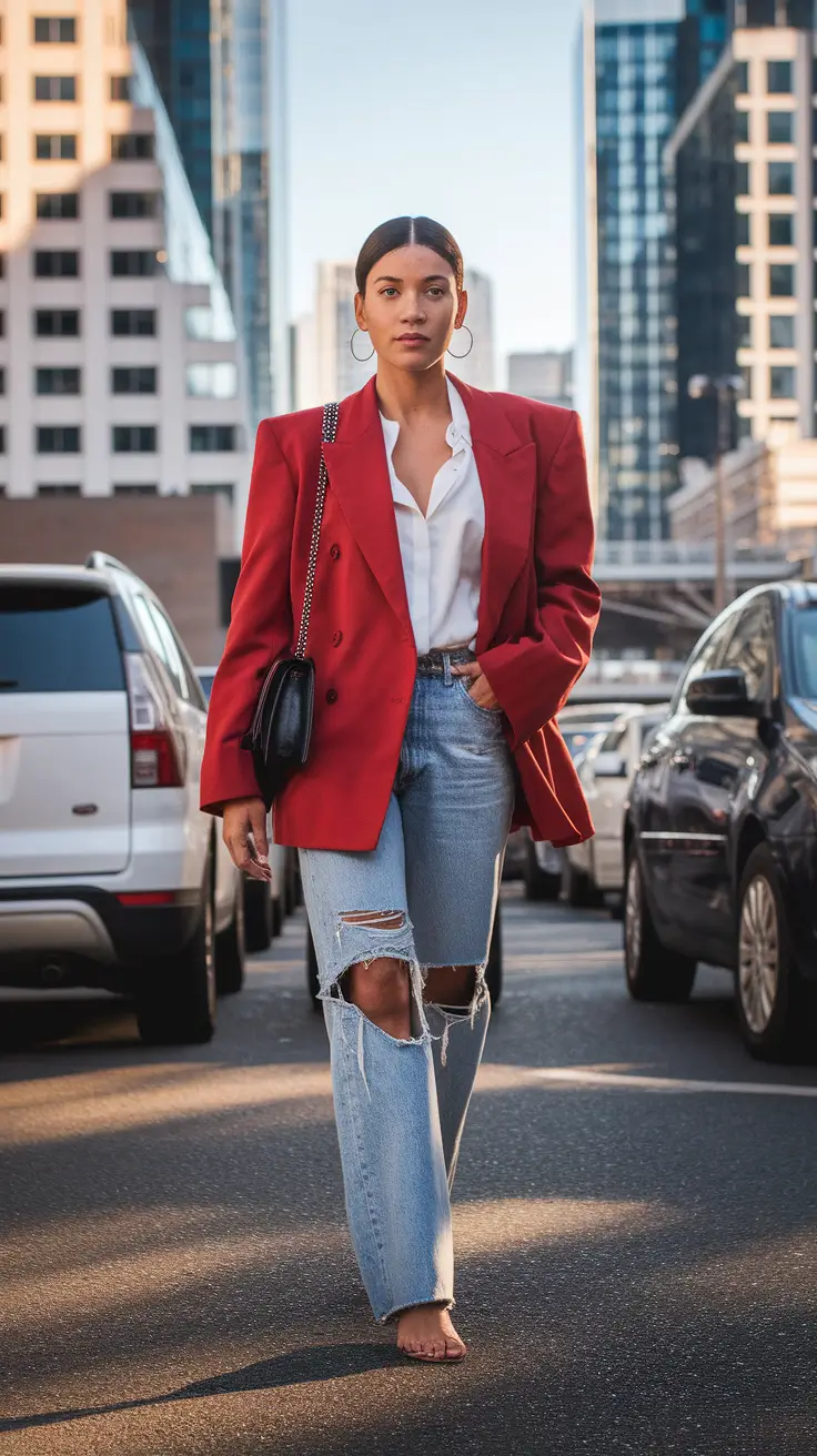 fall fashion women 2025 Power Blazer with Distressed Denim