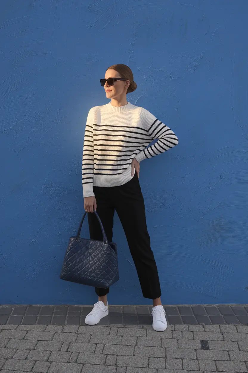 fall fashion women 2025 Parisian Stripes & Sneaker Ease