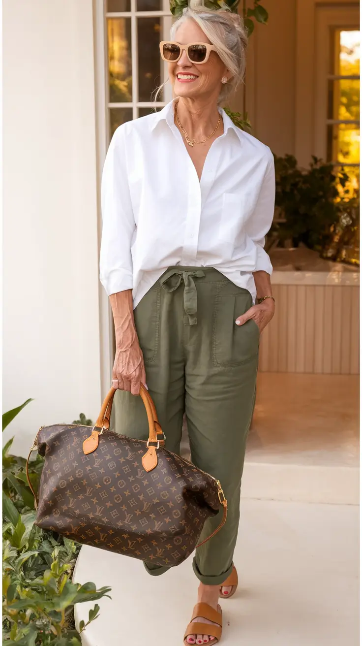 fall outfits women over 40 casual curvy Chic Weekend Departure Look with Olive Trousers