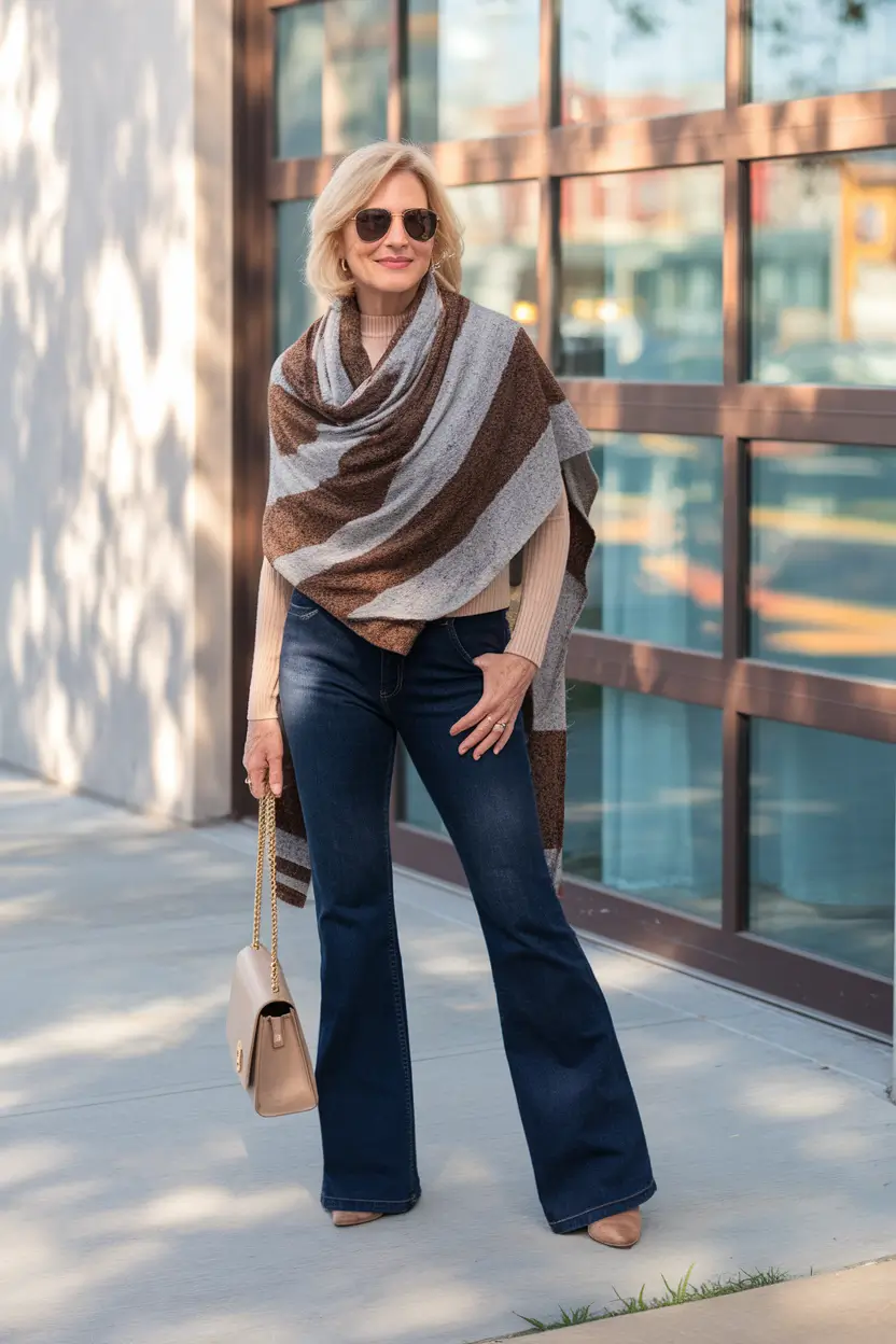 fall casual outfits women over 40 fashion ideas Cozy Wraps and Wide-Leg Denim