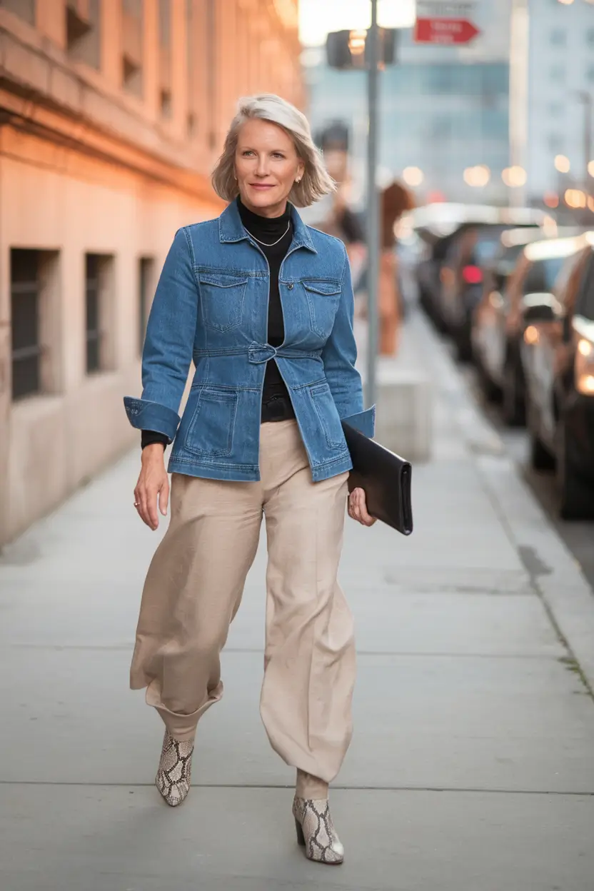 fall business casual outfits for women over 40 Utility Denim Meets Luxe Texture