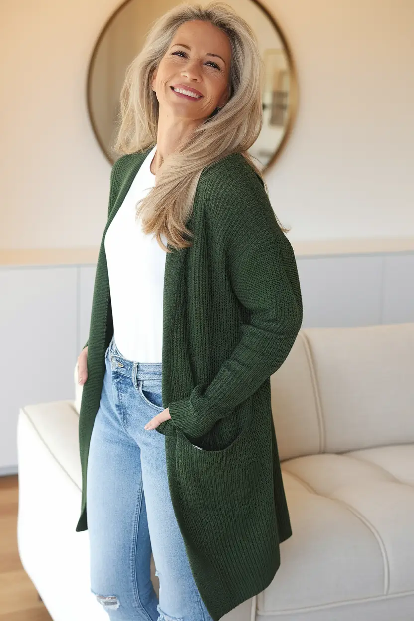 fall outfits women over 40 casual Everyday Ease in Denim and Deep Green