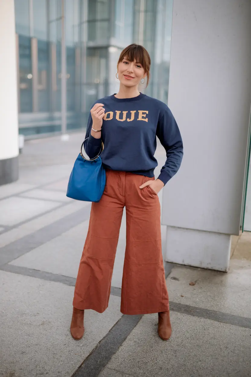 fall outfits ideas 2025 Rust Trousers and a Navy Slogan Sweatshirt