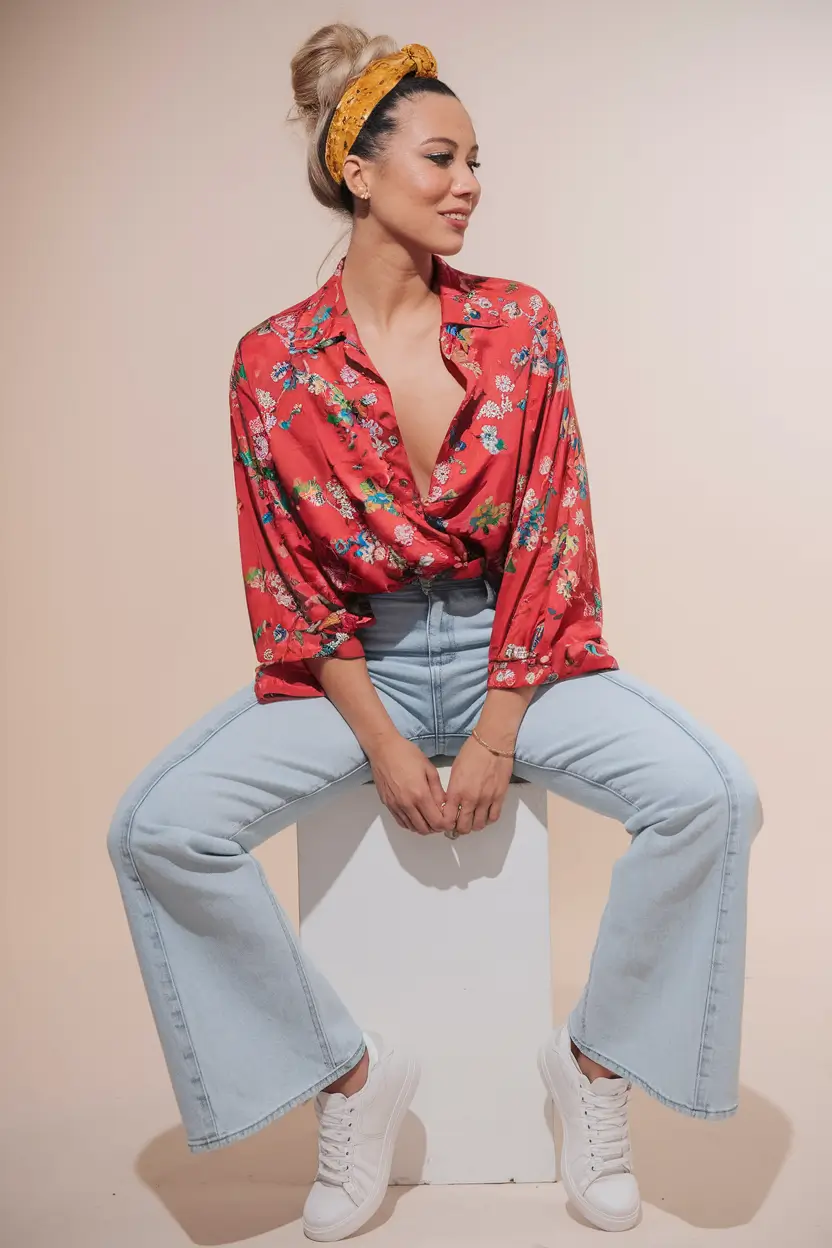 fall outfits ideas 2025 Floral Fever Meets Light Wash Denim