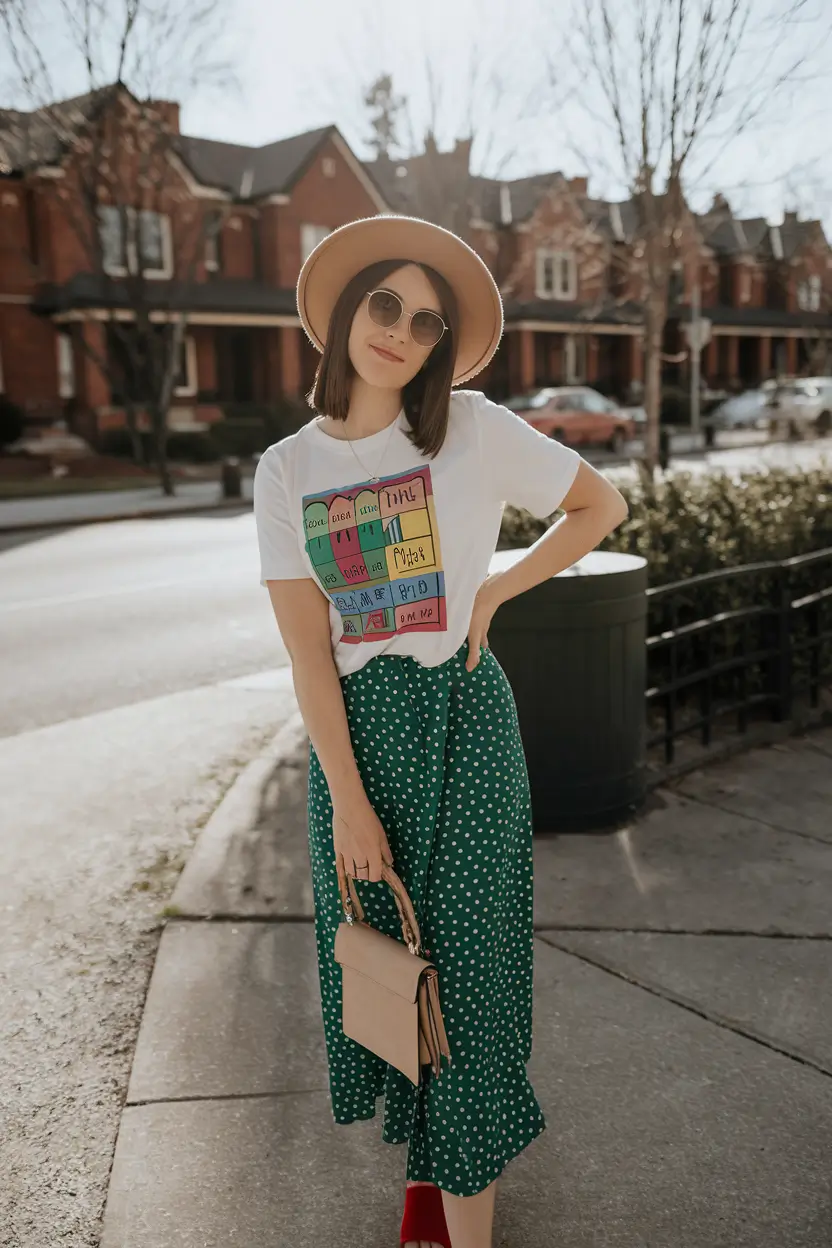 fall outfits ideas 2025 Graphic Tee Meets Polka-Dot Chic